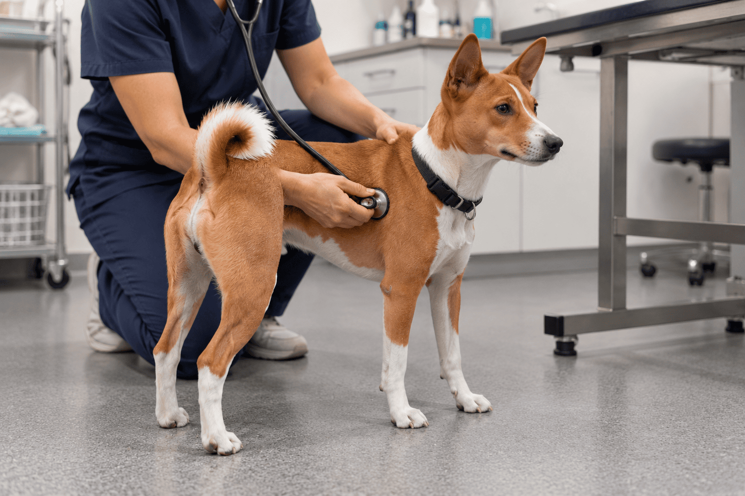 Veterinár pokojne vyšetruje krátkosrstého psa v ordinácii